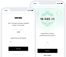 Two mobile app screens showing a voucher interface: one for topping up and displaying a PIN code, the other for unlocking funds with a PIN