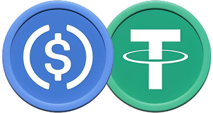 Icons of USD Coin (USDC) and Tether (USDT) cryptocurrencies